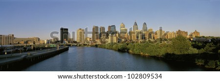 This is the Philadelphia skyline from the Schuylkill River at sunset.