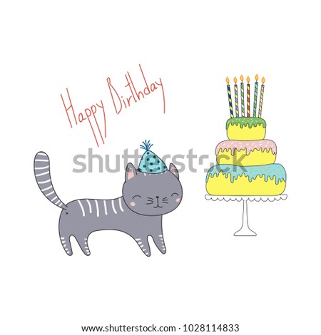 Hand drawn Happy Birthday greeting card with cute funny cartoon cat in a party hat, cake on a cake stand, text. Isolated objects on white background. Vector illustration. Design concept for kids.