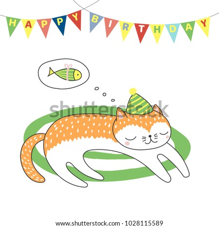 Hand drawn Happy Birthday greeting card with cute funny cartoon cat sleeping on a rug, dreaming of fish, text. Isolated objects on white background. Vector illustration. Design concept for kids.