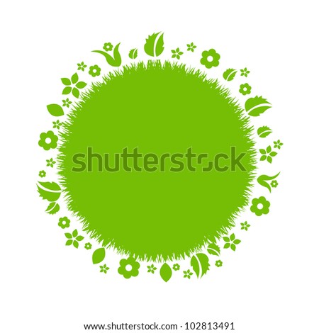 Beautiful Green Earth With Leaves And Flowers, Isolated On White Background, Vector Illustration