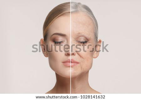 Comparison. Portrait of beautiful woman with problem and clean skin, aging and youth concept, beauty treatment and lifting. Before and after concept. Youth, old age. Process of aging and rejuvenation Royalty-Free Stock Photo #1028141632