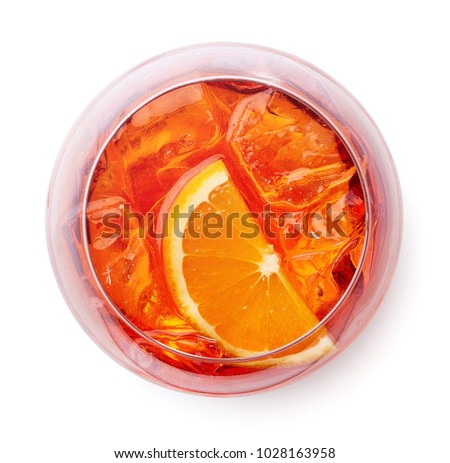 Glass of Aperol spritz cocktail isolated on white background. Top view Royalty-Free Stock Photo #1028163958