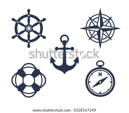 Set of marine, maritime or nautical icons with an anchor, buoy, life ring, compass, compass rose and ships steering wheel isolated on white, eps8 vector illustration Royalty-Free Stock Photo #1028167249