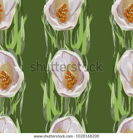 Spring pattern with white tulip on green background, painting imitation. Vector illustration.