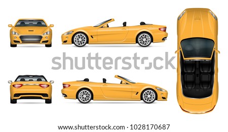 Car vector mock-up. Isolated template of yellow cabriolet car on white. Vehicle branding mockup. Side, front, back, top view. All elements in the groups on separate layers. Easy to edit and recolor Royalty-Free Stock Photo #1028170687