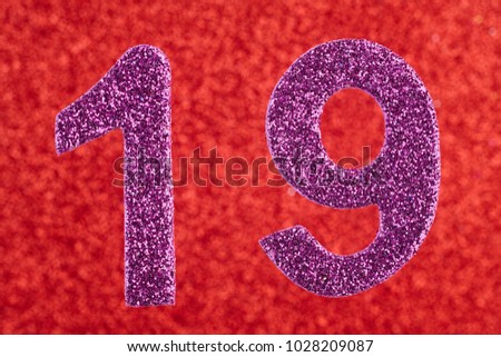 Number nineteen purple color over a red background. Anniversary. Horizontal