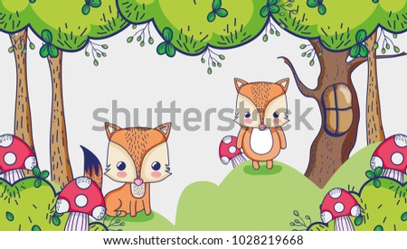 Cute foxes in the forest doodles cartoon