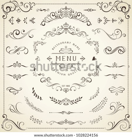 Calligraphy swirls, swashes, ornate motifs and scrolls. Vector illustration. Royalty-Free Stock Photo #1028224156