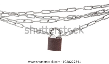 Closed lock hanging on chain isolated on white background