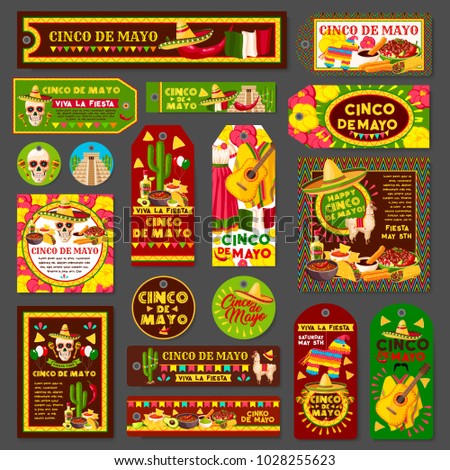 Cinco de Mayo mexican fiesta party tag and greeting card set. Latin american holiday sombrero hat, chili and jalapeno pepper, maracas, tequila margarita and cactus, festive food and flag of Mexico
