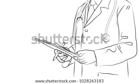 Detail of male doctor with a stethoscope holding a clipboard. Medical staff. Isolated illustration on white background. Hand-drawn  line vector sketch.