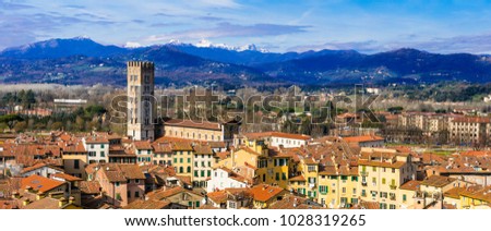 Landmarks of Italy - beautiful medieval town Lucca in Tuscany. City view from Guinigi tower
