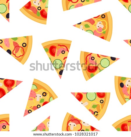 Vector seamless pattern of tasty pizza slices, made in cartoon flat style. Italian national food, hot meal