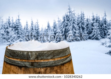 Barrel background of snow with free space for your decoration. Winter landscape of snow and frost. 