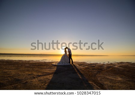 Wedding couple kissing on the sea beach watching sunset. Sunny summer photo. Bride with hair down in off shoulder dress with train. Ocean romantic ceremony. Seaside sunrise love story. Honeymoon.