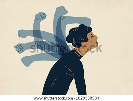 Translucent ghostly hands beating man. Concept of psychological self-flagellation, self-punishment, self-abasement, self-harm guilt feeling. Colorful vector illustration in modern flat style. Royalty-Free Stock Photo #1028358583