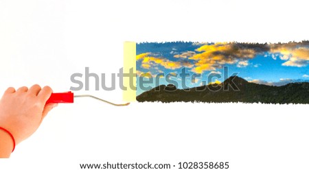 Person painting a landscape on a white wall with a roller brush