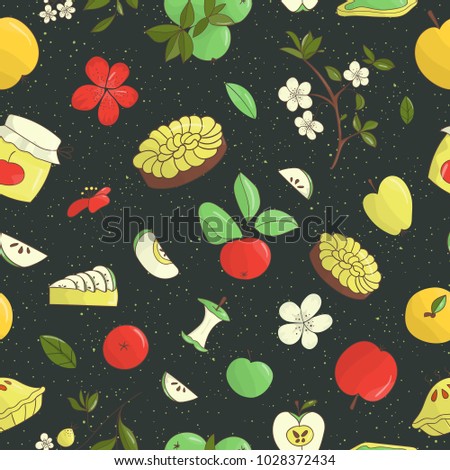 Vector seamless pattern of cute hand-drawn apples, apple pie, flowers, jam jar. Colorful repeat background. Home made food theme. Good for kitchen appliances, table cloth, napkins, cosy, towels