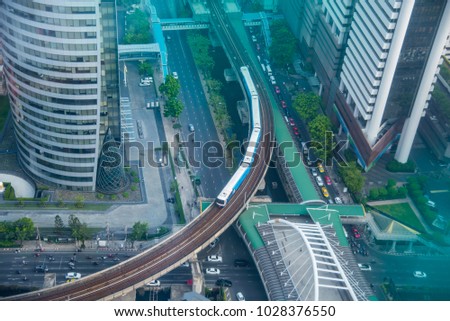 Cityscape and view of the road and the building from the height.