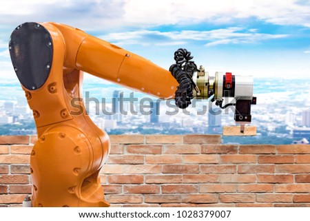 Bricklayer robot working on the construction site. for building brick wall. concept of robotic technologies in construction industry. 