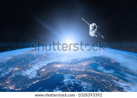 Blue planet Earth. Spacecraft launch into space. Elements of this image furnished by NASA. Royalty-Free Stock Photo #1028393392