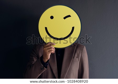 Customer Experience Concept, Portrait of Client with Happy Face Feeling, Drawn Emotion on Paper Royalty-Free Stock Photo #1028408920