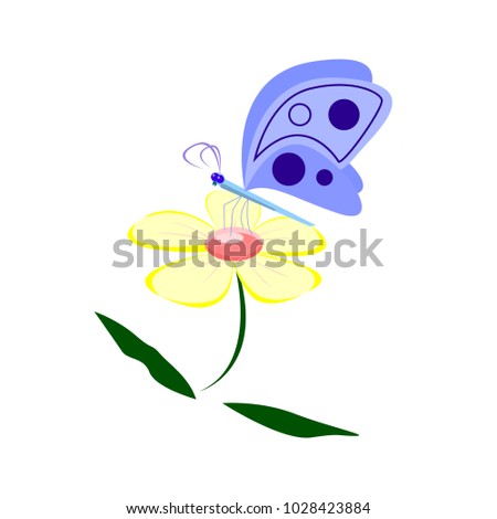 Vector illustration of a butterfly sitting on a flower isolated on a white background. Image of funny vector butterfly