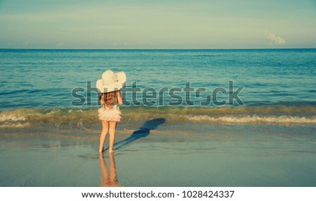 The beautiful girl costs in a dress and a hat on the sandy beach, looks at the sea, the picture without the person