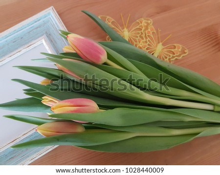 Tulip bouquet with butterflies and picture frame, Spring flowers