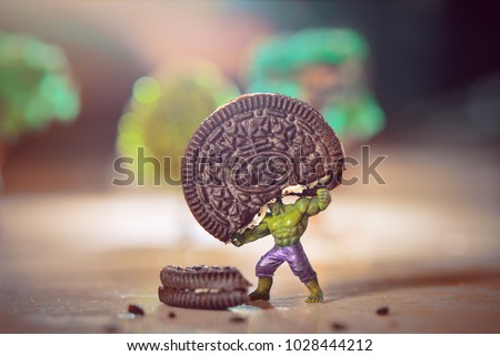 Hulk and ant man fight biscuit, cookies toys mini figure Royalty-Free Stock Photo #1028444212