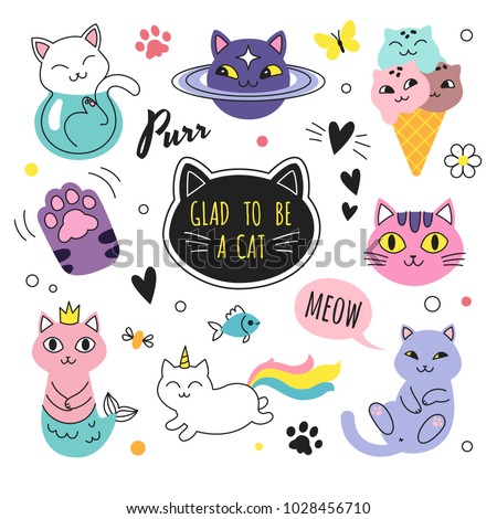 Funny doodle cats collection. Vector illustration of cute cartoon cats in different poses and unusual interpretation. isolated on white.