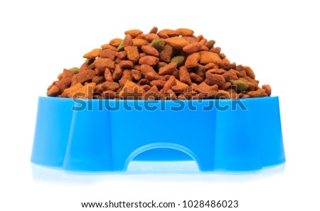 blue plastic bowl full with dog food isolated on white background