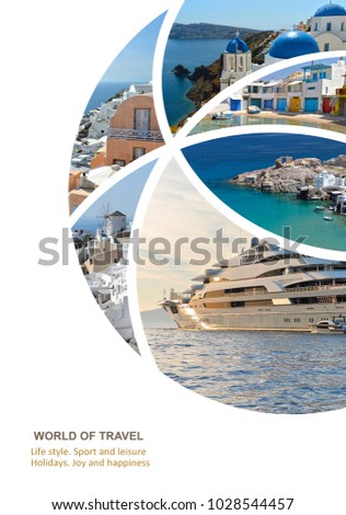 Photo collage Greece. Greek Islands. Santorini, Mykonos. Travel concept