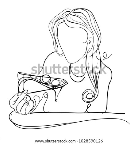 Girl eating slice of hot tasty pizza, hand drawn doodle, sketch