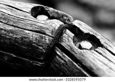 black and white close up of two wooden beams connected with screws