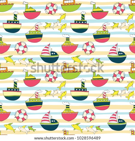 Seamless background with cartoon ships and lighthouse.
