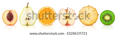 Isolated fruits halves. Cut peach, pear, orange, apple, pineapple and kiwi in a row isolated on white background with clipping path Royalty-Free Stock Photo #1028619721