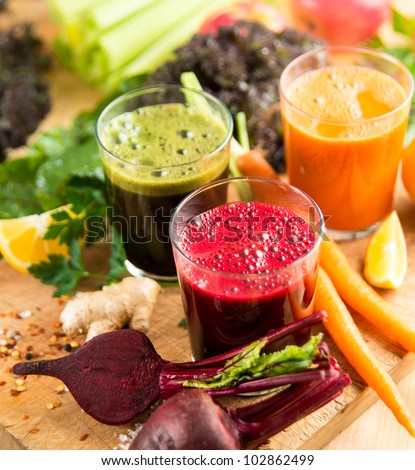 Various Freshly Squeezed Vegetable Juices for Detox Royalty-Free Stock Photo #102862499
