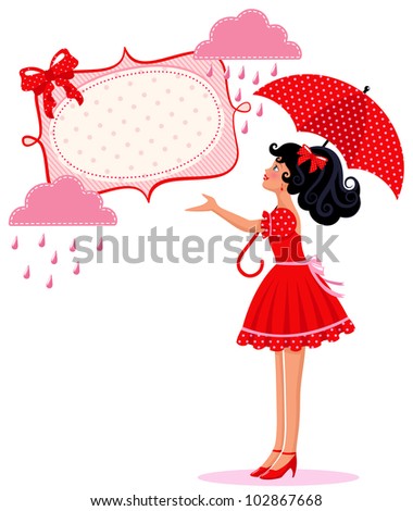 girl with umbrella under a frame with clouds and raindrops