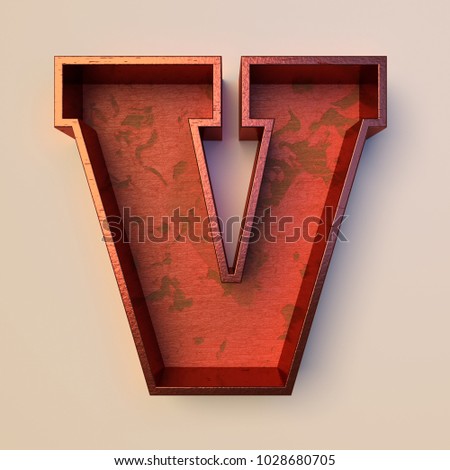 Vintage painted wood letter V with copper metal frame