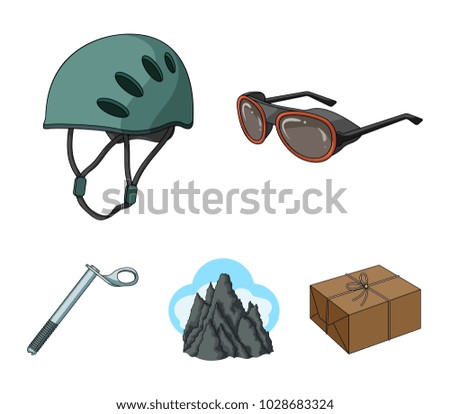 Helmet, goggles, wedge safety, peaks in the clouds.Mountaineering set collection icons in cartoon style vector symbol stock illustration web.