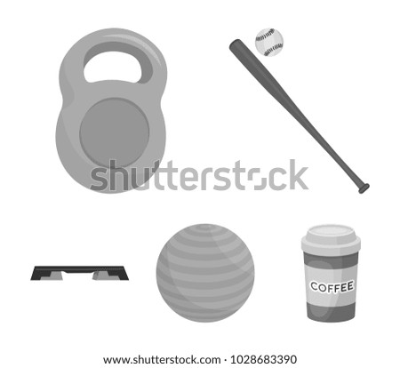 A bat with a ball for baseball, a weight for muscles, a ball for playing, a bench for fitness. Sport set collection icons in monochrome style vector symbol stock illustration web.