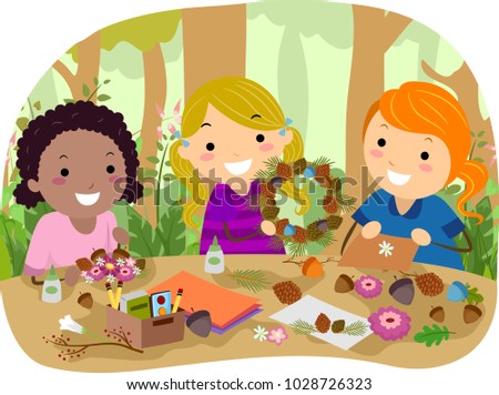 Illustration of Stickman Kids Creating Woodland Crafts Outdoors like a Wreath and a Card