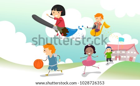Illustration of Stickman Kids Outside School Doing Different Activities like Painting, Basketball and Ballet