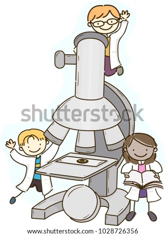 Illustration of Stickman Kids Wearing Lab Coat and Standing with a Microscope