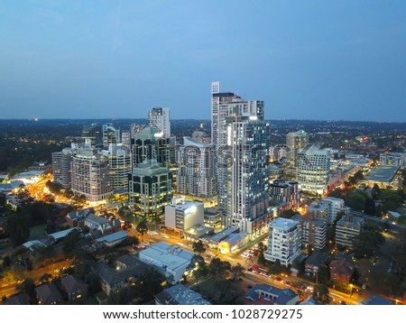 Aerial view of generic cityscape skyline in sunset, bird eye view of Sydney city architecture  in Australia