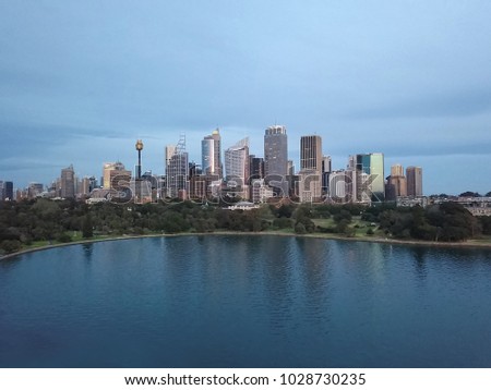 Aerial view of generic cityscape skyline at morning, bird eye view of Sydney horbour city architecture in Australia