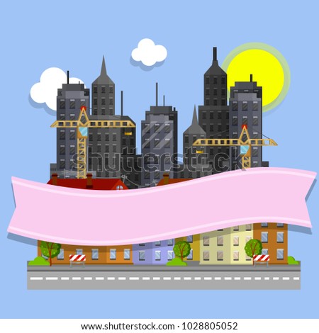 cartoon illustration - urban cityscape. the streets of the city with suburbs and skyscrapers in the background. construction crane. the modern city centre with pink ribbon
