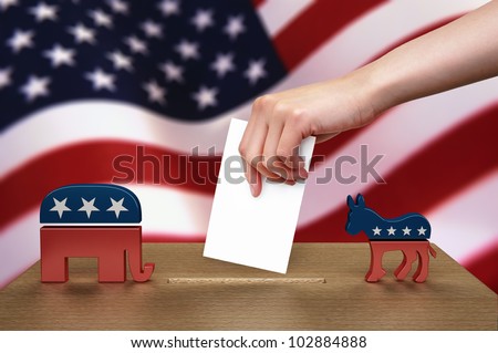 Hand with ballot and wooden box on Flag of USA, party icon Royalty-Free Stock Photo #102884888