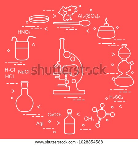 Chemistry scientific, education elements: microscope, Petri dish, dropper, flasks, camera Kippa, formulas, beaker, burner, amoeba. Design for banner, poster or print.